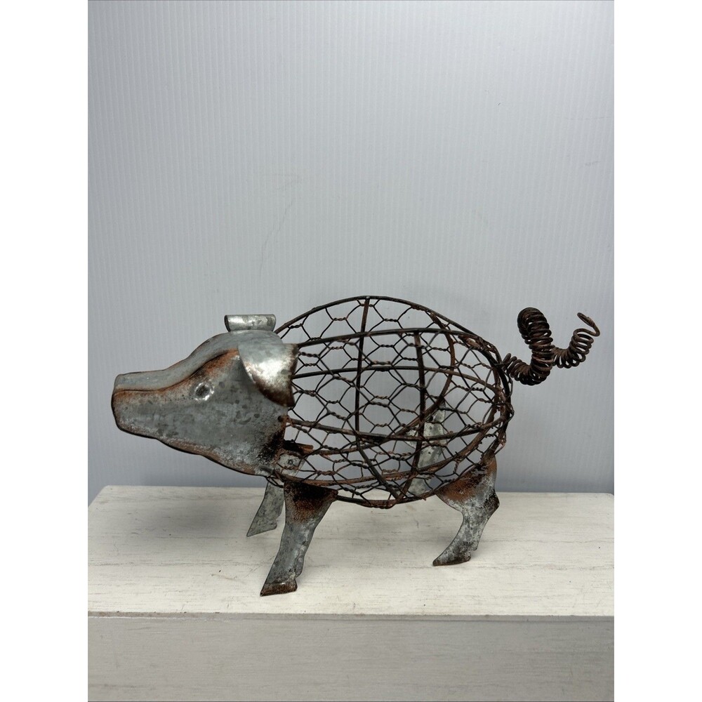 Rustic Galvanized Metal Pig Chicken Wire Basket Farmhouse Primitive Decor